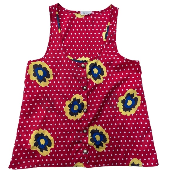 Everly Sleeveless Top with Button Detail Red & White Dot with Flower Small - Picture 1 of 7